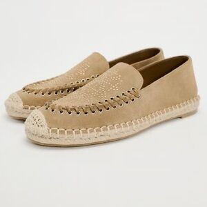 ZARA Tan/Beige Split Woven Embellished Detail Leather Slip On Espadrilles 39/8